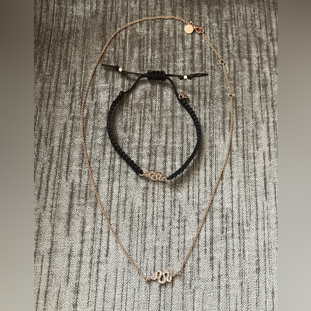 Stella & Dot petite Rose Gold Snake necklace and matching bracelet in brown EXC